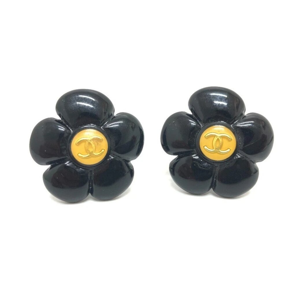 CHANEL 96P CC Mark Flower Black Earrings Accessories Earrings Plastic Black/Gold - Picture 1 of 7